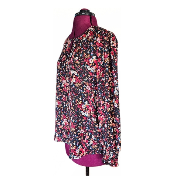 Anthropologie Pleione Black Mauve Ditsy Floral Cutout Long Sleeve Blouse - Picture 3 of 13